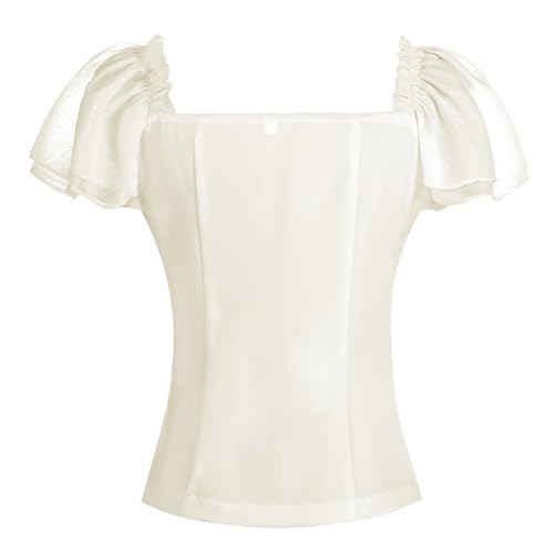 Women Renaissance Shirt Off Shoulder Flutter Short Sleeve Top 2025 Summer Square Neck Peasant Blouses Tunics Beige