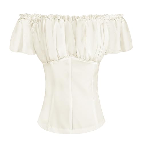 Women Renaissance Shirt Off Shoulder Flutter Short Sleeve Top 2025 Summer Square Neck Peasant Blouses Tunics Beige