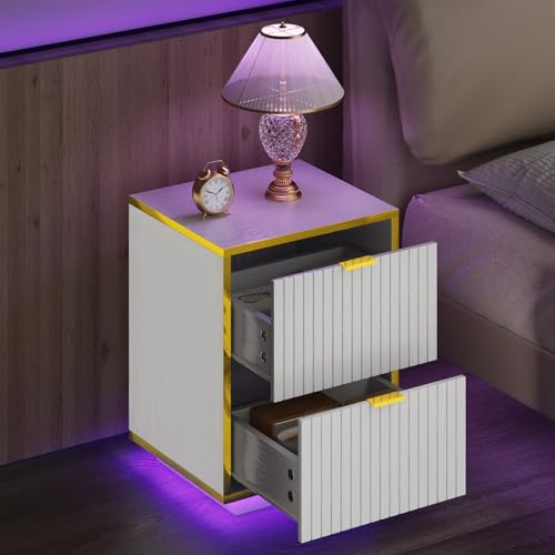 White and Gold Nightstand with LED Lights, White Nightstand with Storage, Modern Led End Table with 2 Fluted Drawers, Bed Side Table for Living Room, Set of 2, White and Gold