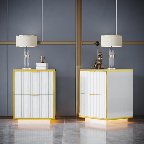 White and Gold Nightstand with LED Lights, White Nightstand with Storage, Modern Led End Table with 2 Fluted Drawers, Bed Side Table for Living Room, Set of 2, White and Gold