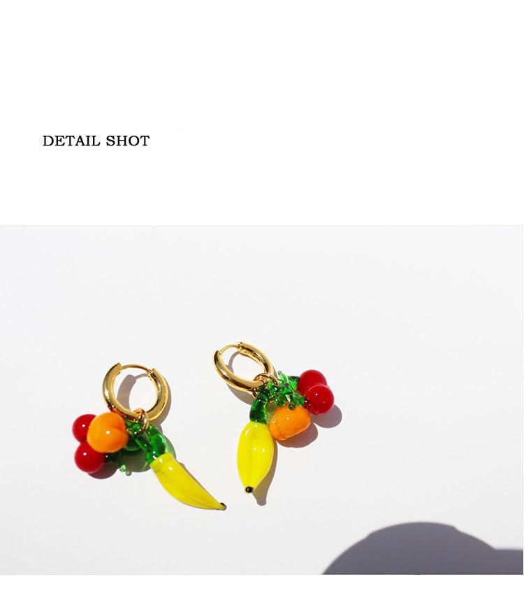 WHHFS Fun Fruit Dangle Earrings for Women - Glass Cherry, Banana, Pumpkin Charms, 18K Gold - Plated Brass Hoops, Quirky Summer Statement Jewelry with Velvet Box