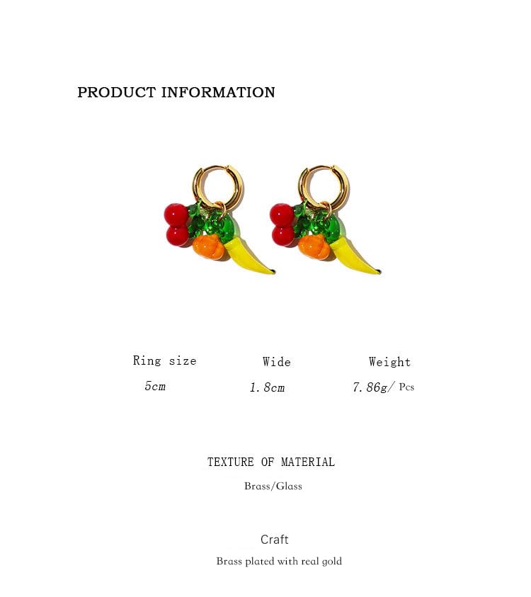 WHHFS Fun Fruit Dangle Earrings for Women - Glass Cherry, Banana, Pumpkin Charms, 18K Gold - Plated Brass Hoops, Quirky Summer Statement Jewelry with Velvet Box