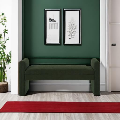 24KF Modern Boucle Teddy Lovely Bench, Upholstered Bed Bench Entryway Bench Ottoman with Armrest -Dark Green