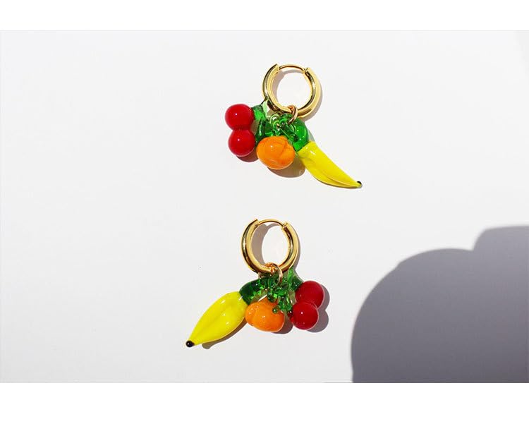 WHHFS Fun Fruit Dangle Earrings for Women - Glass Cherry, Banana, Pumpkin Charms, 18K Gold - Plated Brass Hoops, Quirky Summer Statement Jewelry with Velvet Box