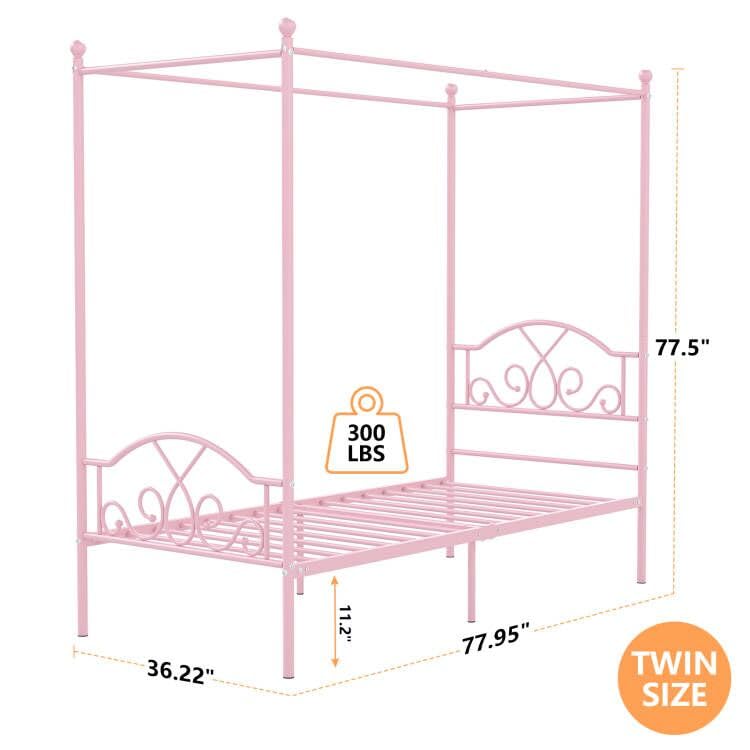 Weehom Princess Canopy Bed Frame with 4 Posters, Sturdy Metal Platform Mattress Foundation with Headboard&Footboard No Box Spring Needed Twin Size Bed for Kids Girls Adults Pink