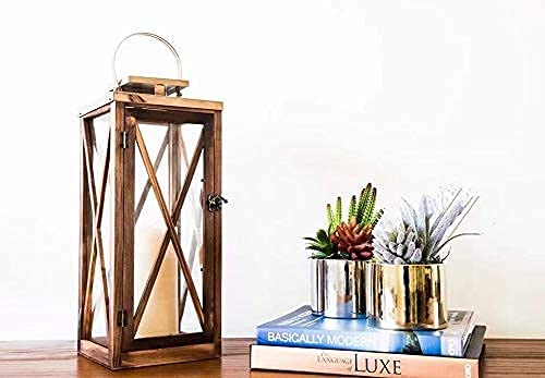 XRKITE Wooden Candle Lantern Decorative, Patio Decor with Stainless Top and Glass, Hurricane Lantern Holder Decor for Indoor Outdoor, Home, Garden, Wedding