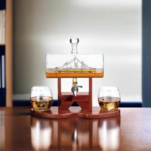 Whiskey Decanter Set, Liquor Dispenser for Home Bar, Crystal Glass - 1250ml Ship & 2 Whiskey Glasses Beautiful Stand, Gift for Dad, Husband or Boyfriend - The Wine Savant 100% Lead-Free