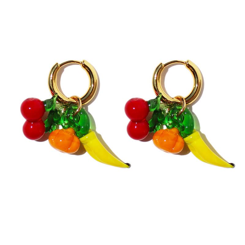 WHHFS Fun Fruit Dangle Earrings for Women - Glass Cherry, Banana, Pumpkin Charms, 18K Gold - Plated Brass Hoops, Quirky Summer Statement Jewelry with Velvet Box