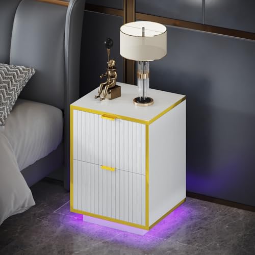 White and Gold Nightstand with LED Lights, White Nightstand with Storage, Modern Led End Table with 2 Fluted Drawers, Bed Side Table for Living Room, Set of 2, White and Gold
