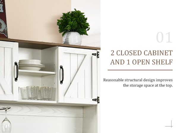 72" Farmhosue Coffee Bar Cabinet with Storage Shelves and 3 Drawers, Kitchen Hutch Storage Cabinet with Sliding Barn Door & Wine Racks & Wine Glass Holder, Bar Cabinets for Home/Living Room, White
