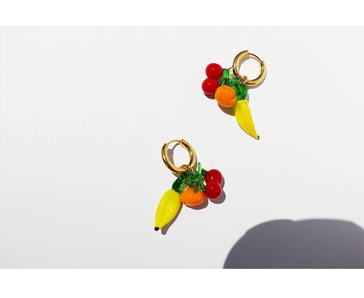 WHHFS Fun Fruit Dangle Earrings for Women - Glass Cherry, Banana, Pumpkin Charms, 18K Gold - Plated Brass Hoops, Quirky Summer Statement Jewelry with Velvet Box