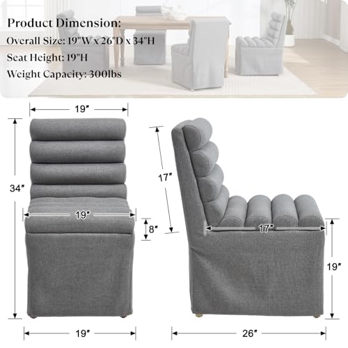 Ya-Home Modern Sipcovered Dining Chairs Set of 2, Mid Century Linen Fabric Upholstered Skirted Accent Chairs with Cylindrical Seat Solid Wooden Legs for Dining Room/Living Room/Kitchen, Grey