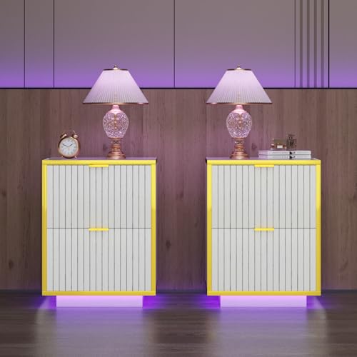 White and Gold Nightstand with LED Lights, White Nightstand with Storage, Modern Led End Table with 2 Fluted Drawers, Bed Side Table for Living Room, Set of 2, White and Gold