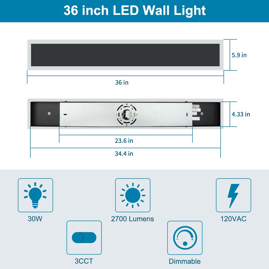 Xbuyee 36IN Modern Outdoor Wall Light LED Long Exterior Light Fixture IP65 Waterproof Wall Lamps, Dimmable 30W 2700LM Black Wall Sconce, 3000/4000/5000KSelectable, ETL Listed