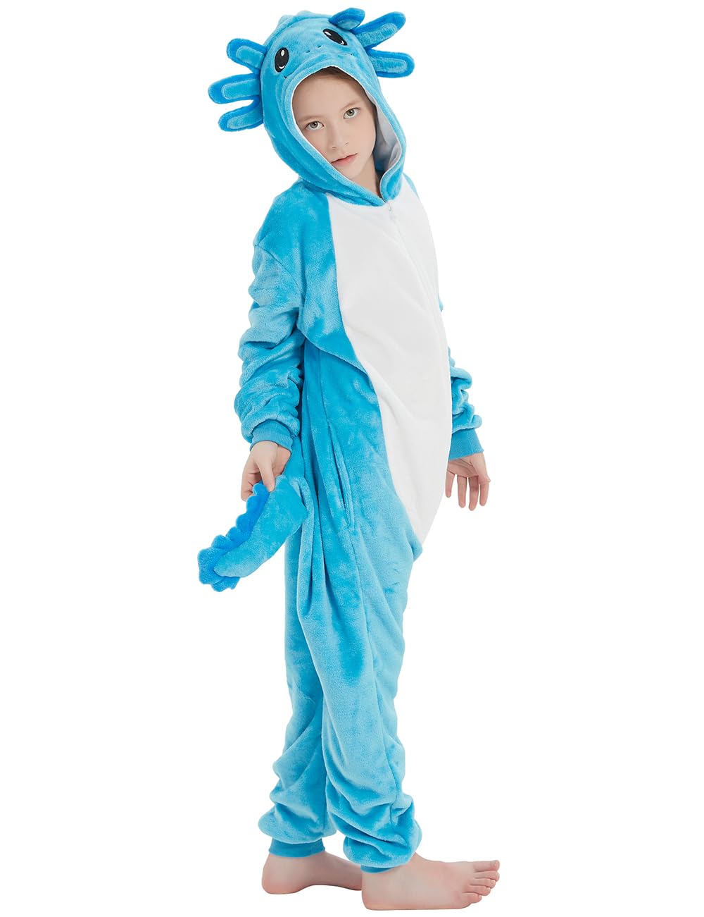 ABENCA Axolotl Onesie Kids Costume Animal Girls One Piece Pajamas Cosplay Halloween Christmas.Blue Axolotl.130