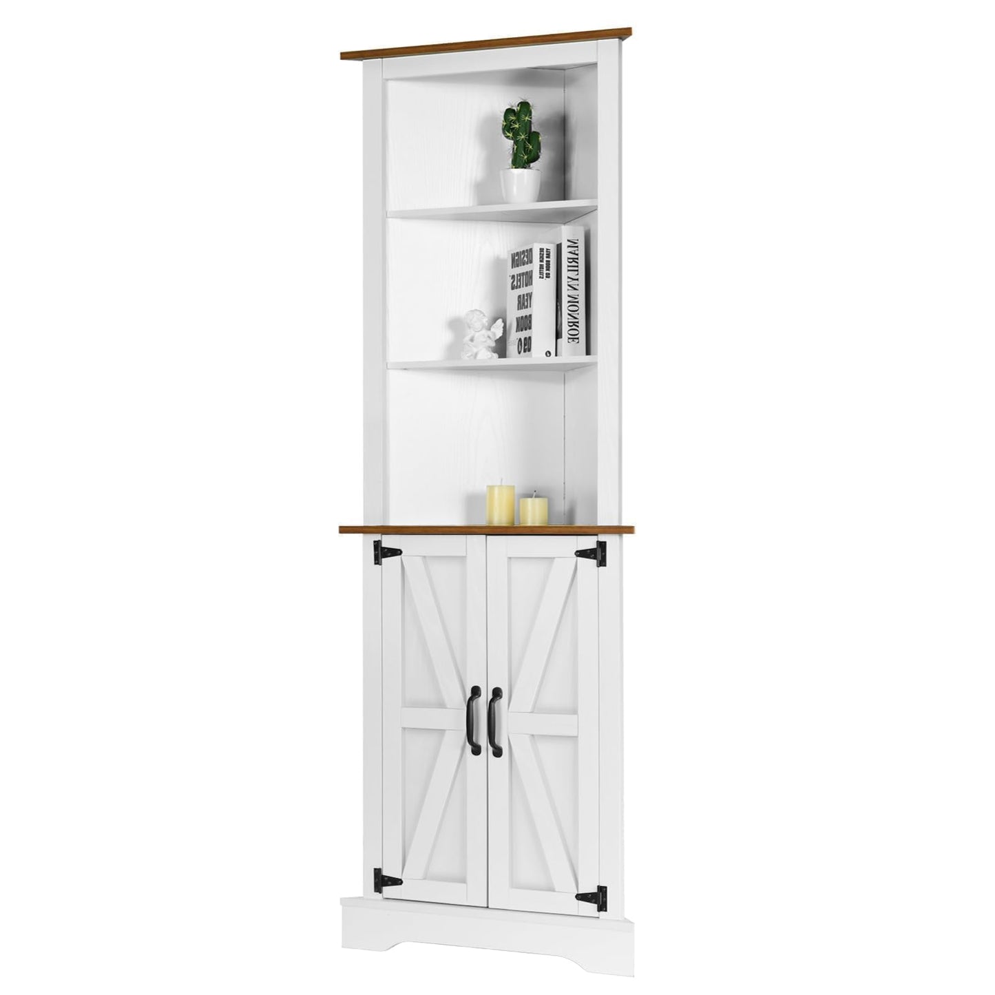 4 EVER WINNER Tall Corner Cabinet with Barn Door and Adjustable Shelves, 5-Tier Corner Shelves for Small Space, Living Room, Hallway, Bathroom, White