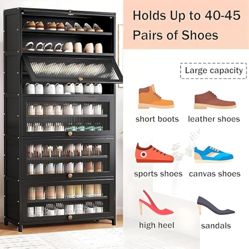 Voclym Tall Shoe Cabinet with Clear Doors, Large Capacity Bamboo Shoe Cabinet, 40-45 Pairs Shoe Rack Organizer for Closet Entrance, Hallway, Living Room, Bedroom