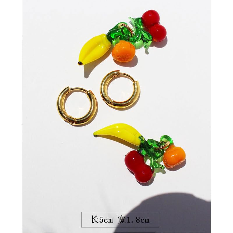 WHHFS Fun Fruit Dangle Earrings for Women - Glass Cherry, Banana, Pumpkin Charms, 18K Gold - Plated Brass Hoops, Quirky Summer Statement Jewelry with Velvet Box