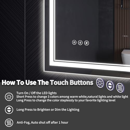 24x36 LED Lighted Mirror for Bathroom with Front Light and Backlit, Dimmable Anti-Fog Wall Bathroom Mirror with Led Lights, Power-Off Memory, Water Proof, Decor Vanity Mirror