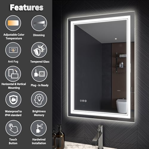 24x36 LED Lighted Mirror for Bathroom with Front Light and Backlit, Dimmable Anti-Fog Wall Bathroom Mirror with Led Lights, Power-Off Memory, Water Proof, Decor Vanity Mirror