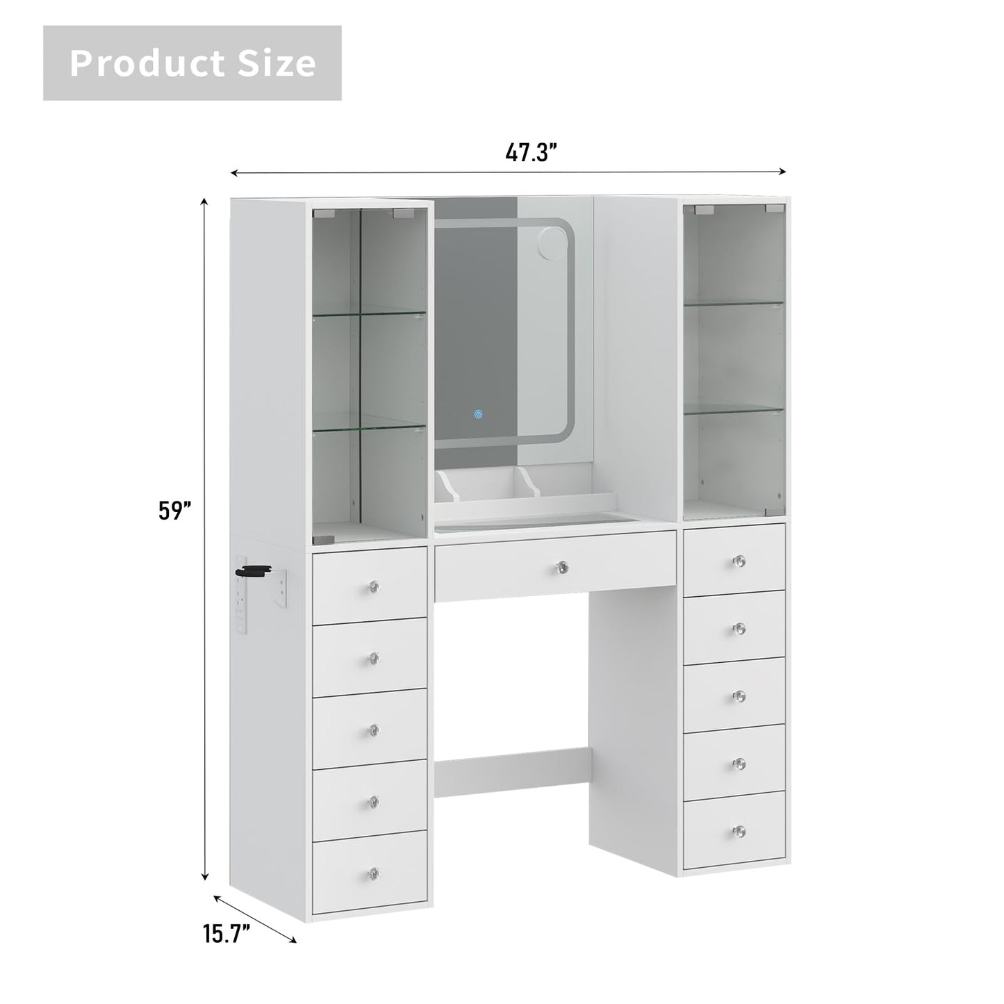 11 Drawers Makeup Vanity with Charging Station, Vanity Desk with LED Mirror & 2 Glass Cabinet, 3 Color Modes, Brightness Adjustable, Glass Top, Dressing Table with Chair for Bedroom (11 Drawers)