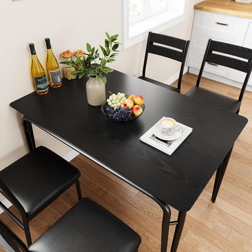 5 Piece Dining Table Set for 4, Compact Square Table Chairs, Sturdy MDF Top, Metal Frame, Space-Saving Breakfast Set for Kitchen, Apartment, Office, Easy Assembly Wipe-Clean
