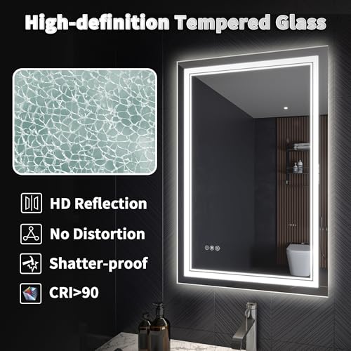 24x36 LED Lighted Mirror for Bathroom with Front Light and Backlit, Dimmable Anti-Fog Wall Bathroom Mirror with Led Lights, Power-Off Memory, Water Proof, Decor Vanity Mirror