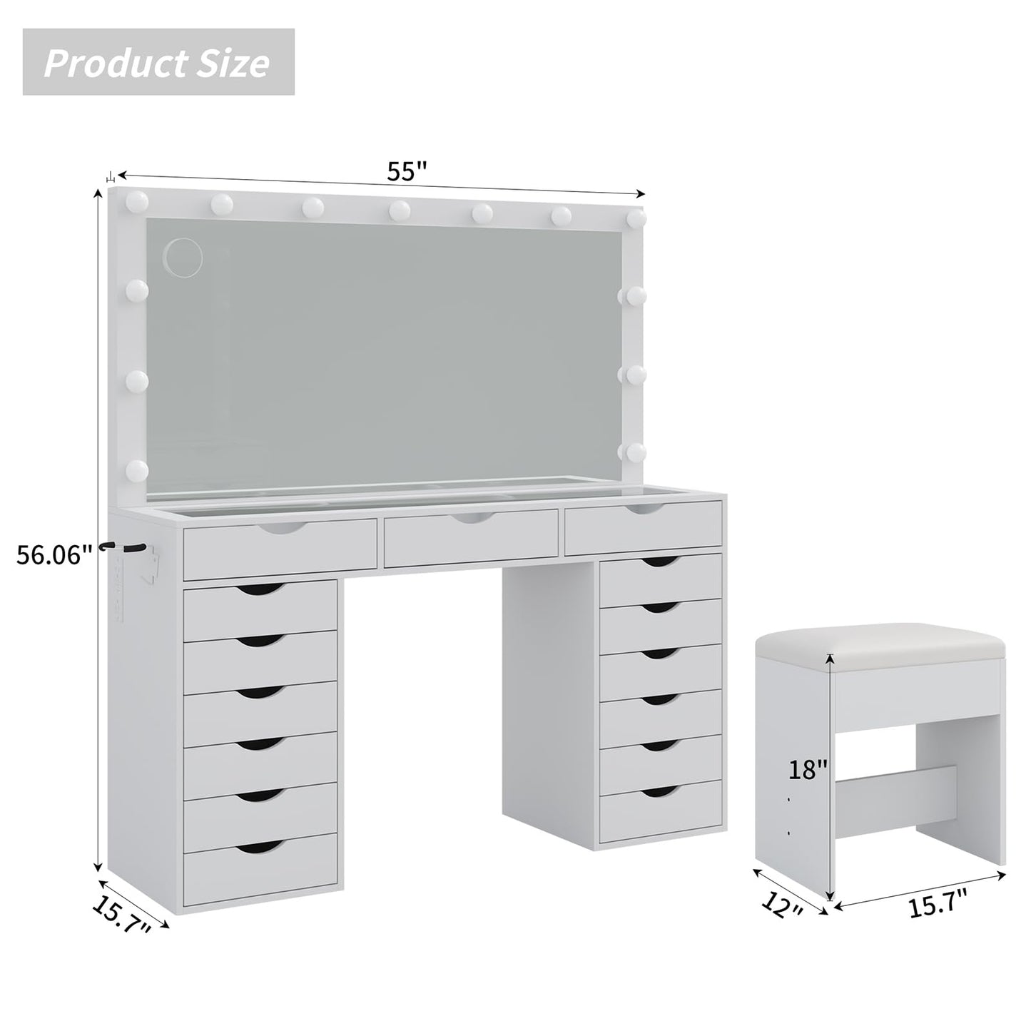 Yanosaku Vanity Desk with Mirror and Lights, Makeup Table with Charging Station, 3 Color Lighting Modes, 15 Drawers Dressing Table, Vanity with Chair for Bedroom, White