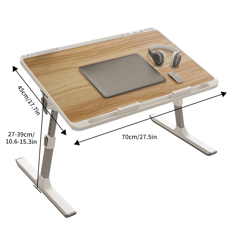 Woodgrain Foldable Laptop Desk Wide Area XX-Large 27.6X17.7In, 8 Heights& Angles Adjustable Bed Table, Study Tray Laptop Stand for Bed, Couch Sofa with 2 Stoppers