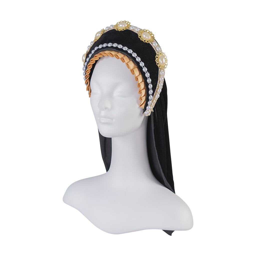 Willyacos Tudor French Hood Anne Boleyn Costume Headpiece Elizabethan Headwear Renaissance Tudor Hat Headdress Headband (Black, One size)