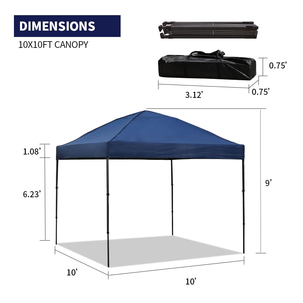 10x10 Pop Up Canopy Tent with 2 Sidewalls, Easy Up Canopy Outdoor Party Sun Shade Tent Portable Gazebo for Beach Camping Events with Carry Bag and 4 Sand Bags (Navy Blue)