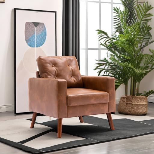 Wahson Office Chairs PU Accent Arm Chair with Tufted Back, Faux Leather Comfy Upholstered Single Sofa, Mid Century Modern Side Club Chair with Wood Legs for Reading/Living Room/Bedroom, Caramel