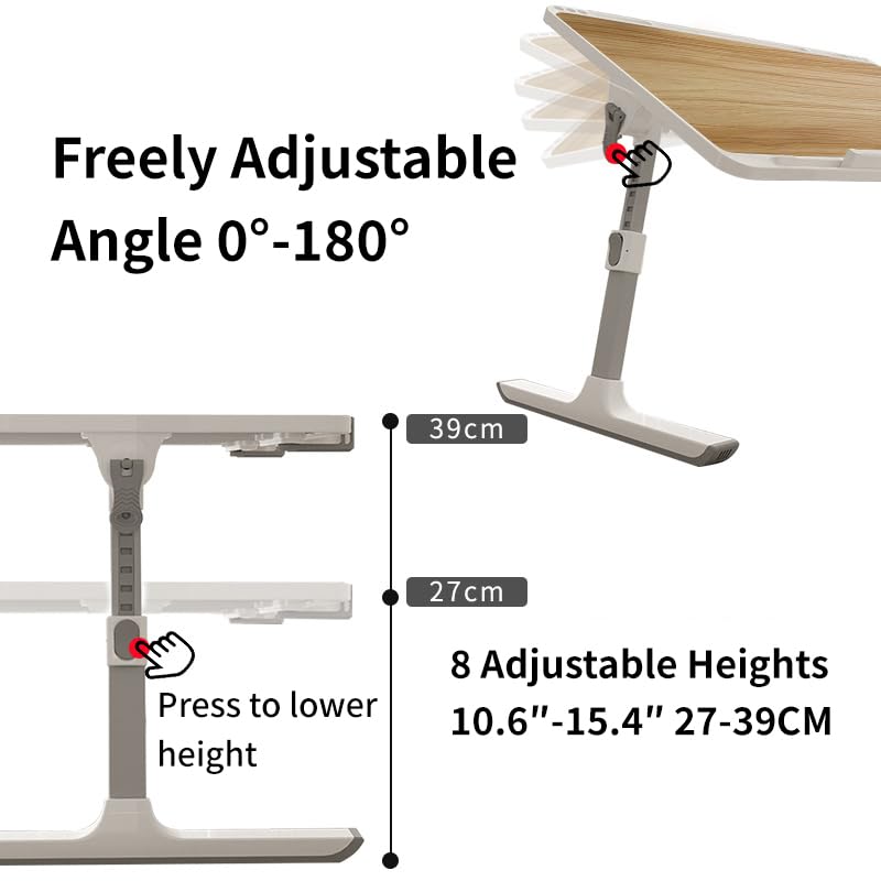Woodgrain Foldable Laptop Desk Wide Area XX-Large 27.6X17.7In, 8 Heights& Angles Adjustable Bed Table, Study Tray Laptop Stand for Bed, Couch Sofa with 2 Stoppers