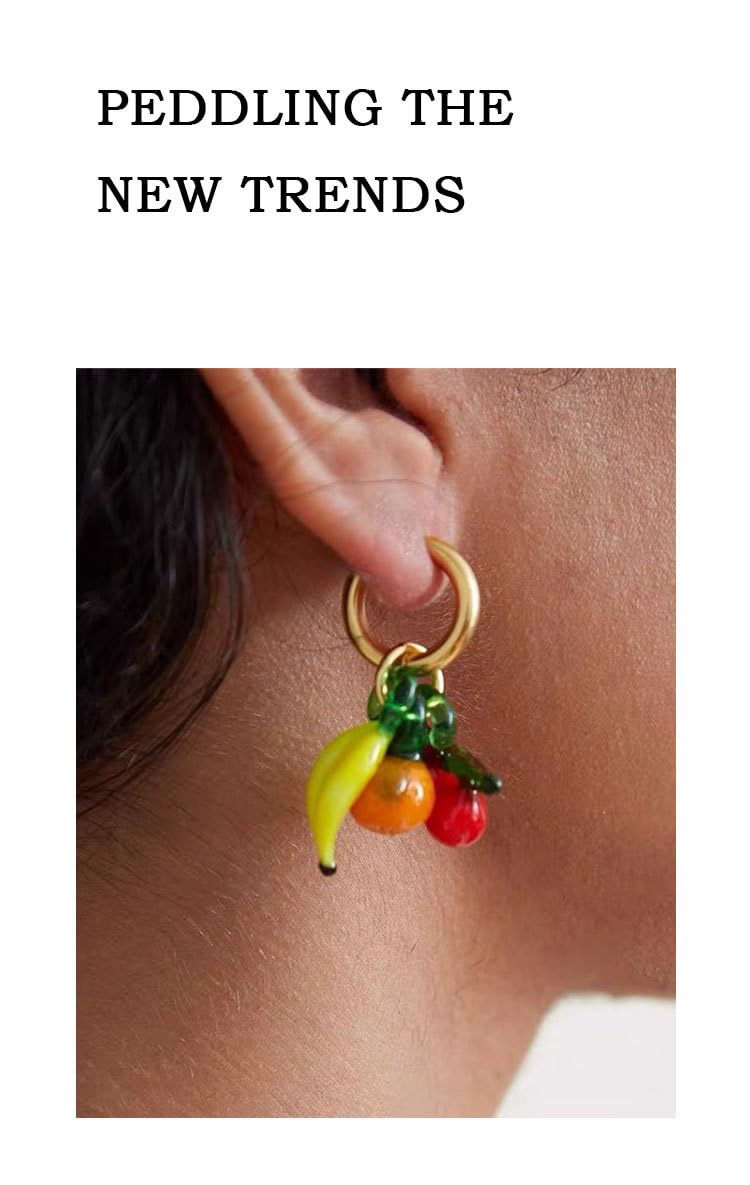 WHHFS Fun Fruit Dangle Earrings for Women - Glass Cherry, Banana, Pumpkin Charms, 18K Gold - Plated Brass Hoops, Quirky Summer Statement Jewelry with Velvet Box