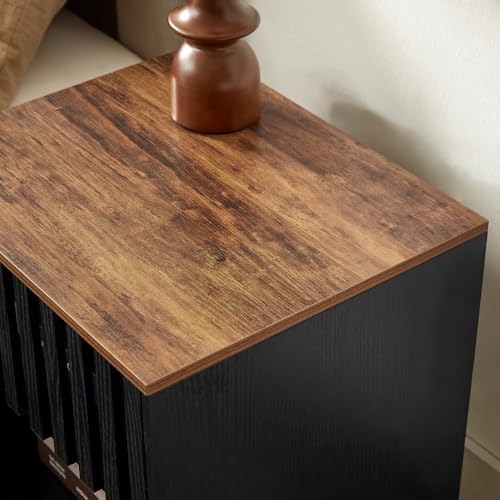 2 Set Nightstands with Grille Striped Doors, Mid Century Modern Nightstand, Bedside Table with Slatted Drawer Decor, End Tables Bedroom with Metal Legs, Night Stand for Bedroom