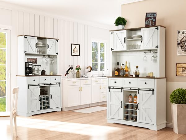 72" Farmhosue Coffee Bar Cabinet with Storage Shelves and 3 Drawers, Kitchen Hutch Storage Cabinet with Sliding Barn Door & Wine Racks & Wine Glass Holder, Bar Cabinets for Home/Living Room, White