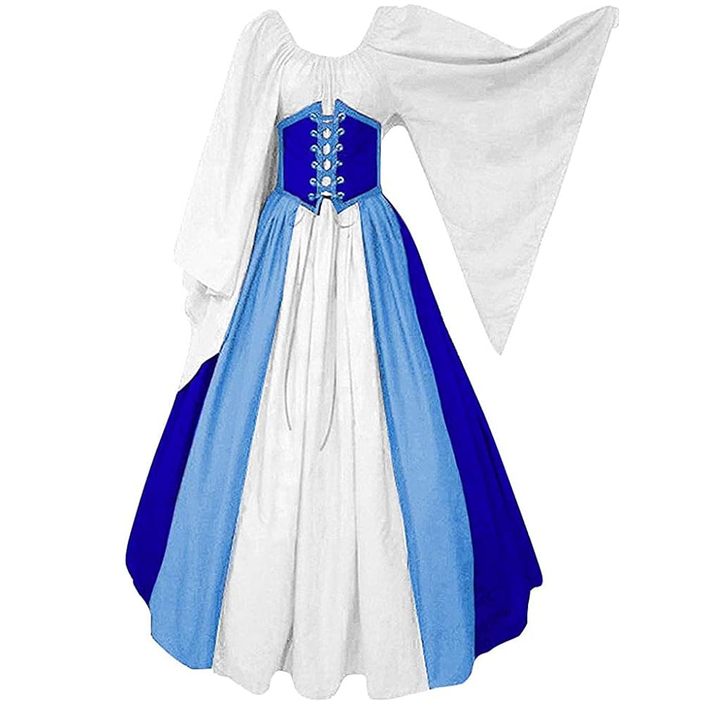 Abaowedding Women's Renaissance Medieval Costumes Dress Trumpet Sleeves Gothic Retro Gown Blue X-Large