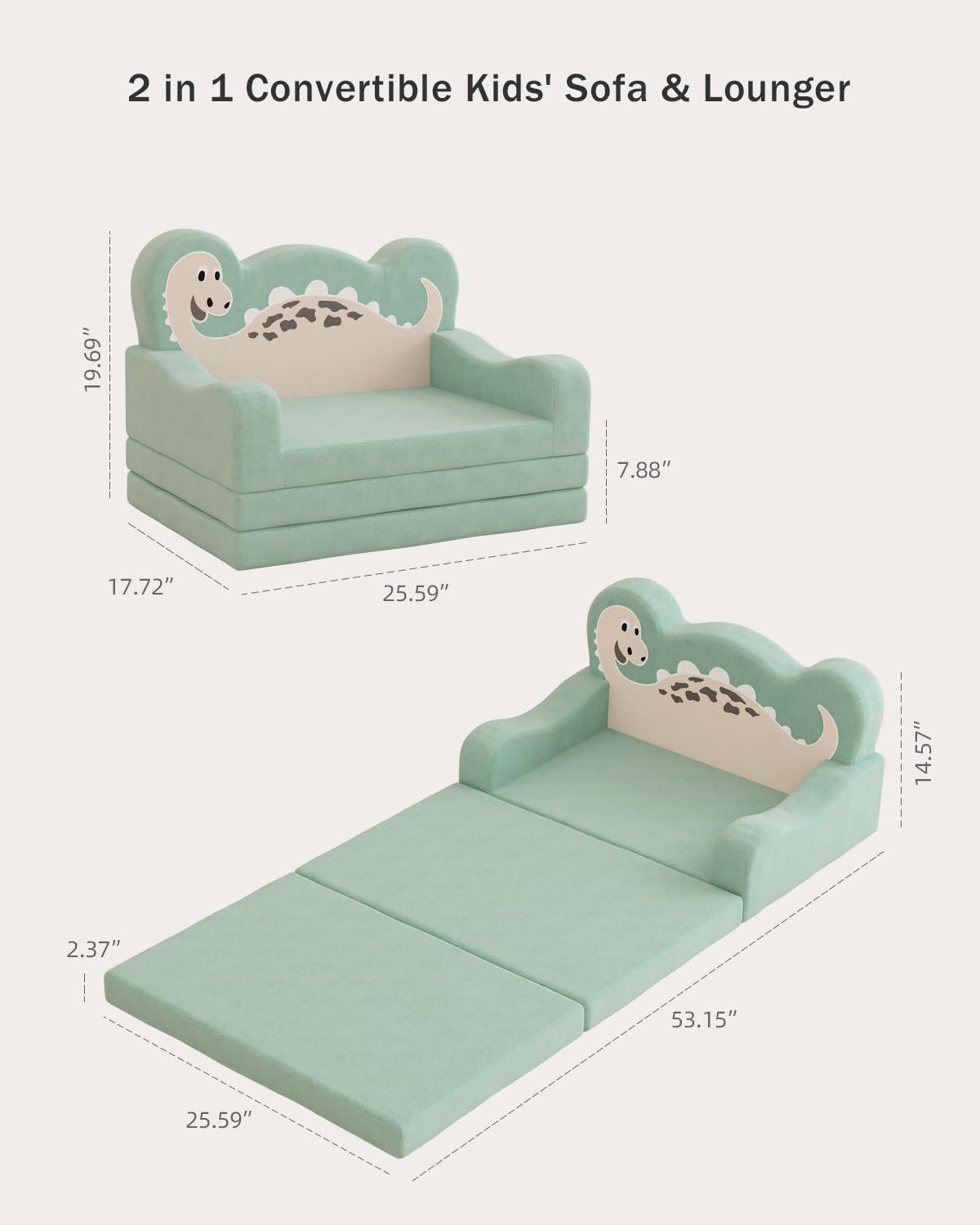 YACODAVO 2-in-1 Kids Couch Fold Out, Convertible Toddler Couch to Lounger, Toddler Chair Comfy, Kids Sofa for Girls and Boys, Gift for Birthday, Children's Day, Dinosaur Green