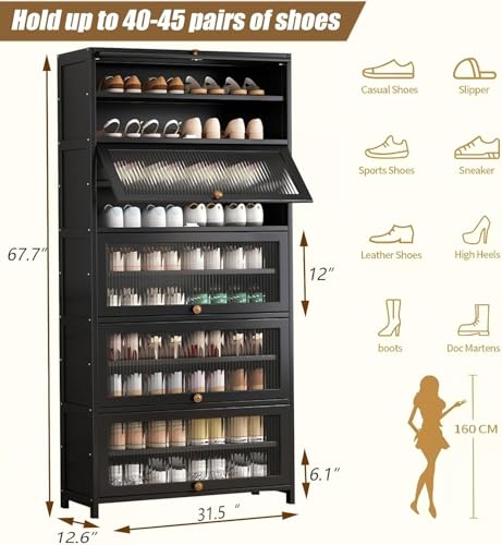 Voclym Tall Shoe Cabinet with Clear Doors, Large Capacity Bamboo Shoe Cabinet, 40-45 Pairs Shoe Rack Organizer for Closet Entrance, Hallway, Living Room, Bedroom