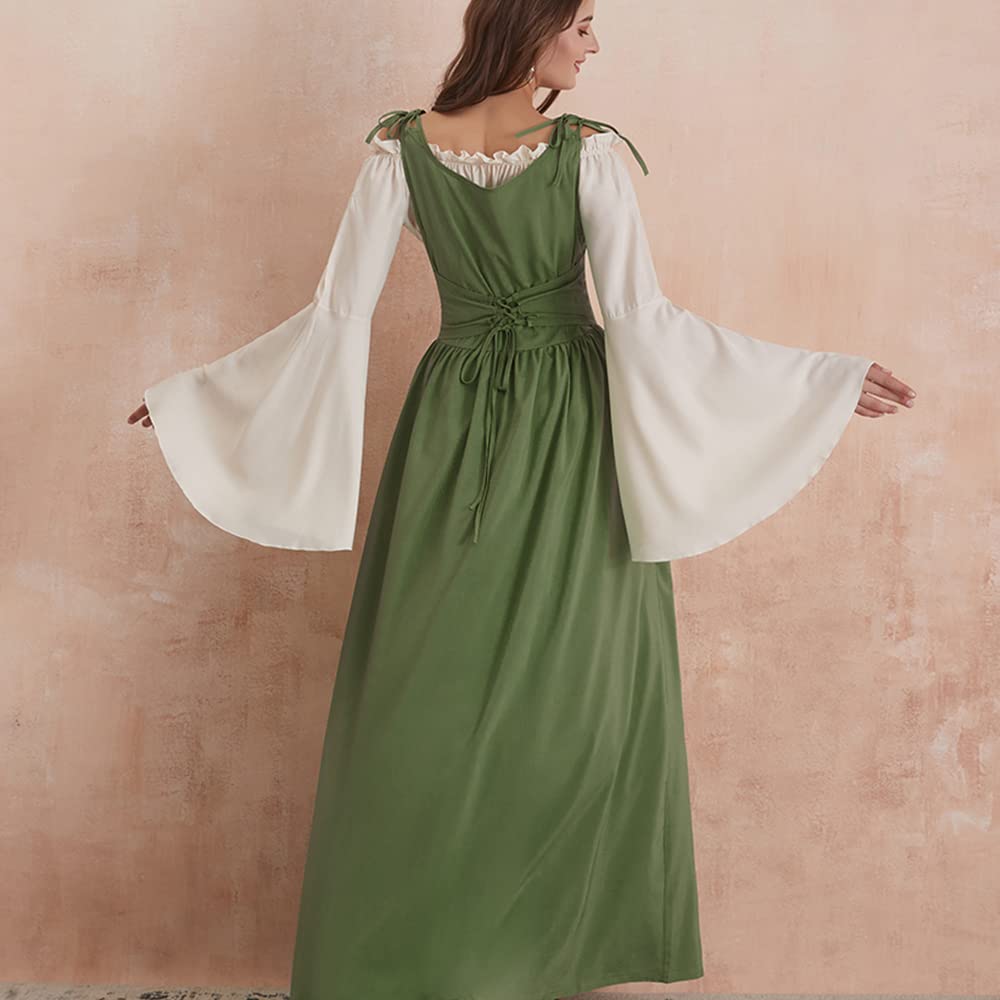 Abaowedding Womens's Medieval Renaissance Costume Cosplay Chemise and Over Dress Small/Medium Green and Ivory
