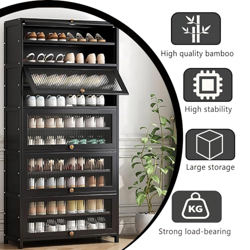 Voclym Tall Shoe Cabinet with Clear Doors, Large Capacity Bamboo Shoe Cabinet, 40-45 Pairs Shoe Rack Organizer for Closet Entrance, Hallway, Living Room, Bedroom