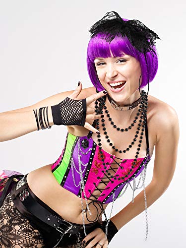 80s Fancy Dress Costume Accessories Lace Headband Earrings Fishnet Gloves Necklace Bracelet for 80s Retro Party (Black)