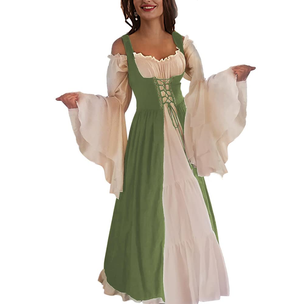 Abaowedding Womens's Medieval Renaissance Costume Cosplay Chemise and Over Dress Small/Medium Green and Ivory
