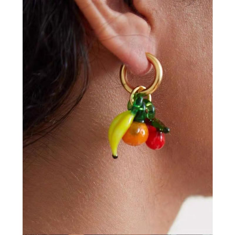 WHHFS Fun Fruit Dangle Earrings for Women - Glass Cherry, Banana, Pumpkin Charms, 18K Gold - Plated Brass Hoops, Quirky Summer Statement Jewelry with Velvet Box