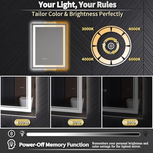 24x36 LED Lighted Mirror for Bathroom with Front Light and Backlit, Dimmable Anti-Fog Wall Bathroom Mirror with Led Lights, Power-Off Memory, Water Proof, Decor Vanity Mirror