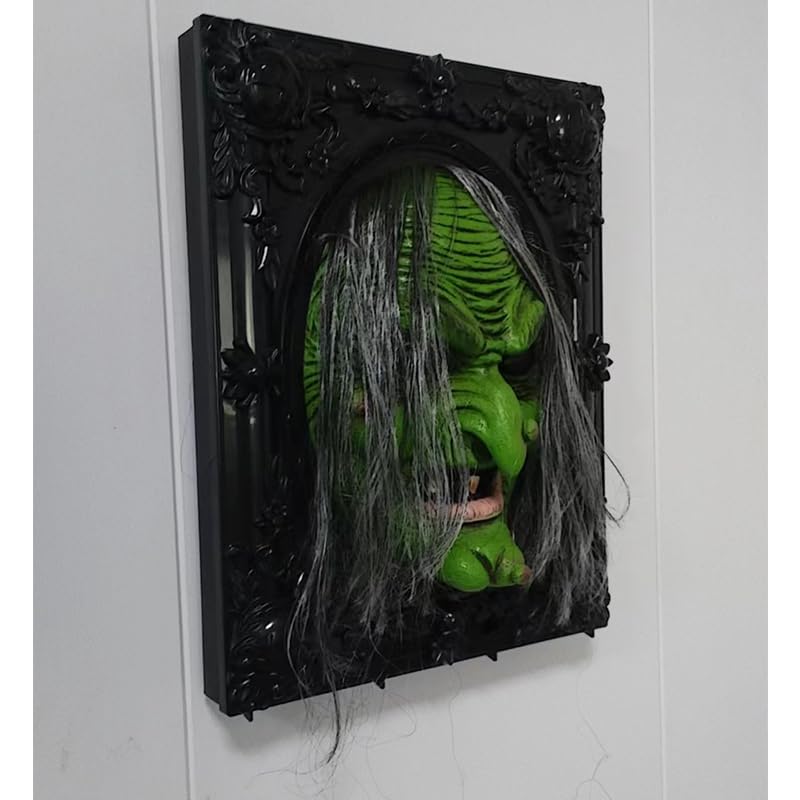 YDNRoar Sounds with Light Up Eyes & Creepy Witch-Halloween Party Prop Creepy Haunted House Funny Animatronics Talking Wall Display Hanging Spooky for Indoor Scary Picture Frame Decorations