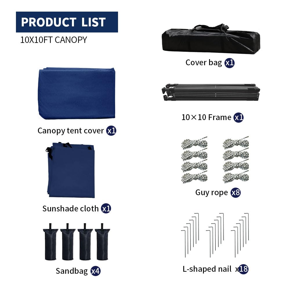 10x10 Pop Up Canopy Tent with 2 Sidewalls, Easy Up Canopy Outdoor Party Sun Shade Tent Portable Gazebo for Beach Camping Events with Carry Bag and 4 Sand Bags (Navy Blue)