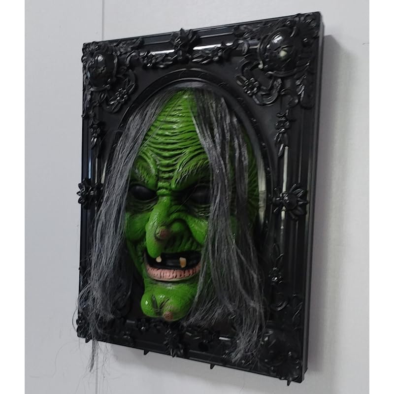 YDNRoar Sounds with Light Up Eyes & Creepy Witch-Halloween Party Prop Creepy Haunted House Funny Animatronics Talking Wall Display Hanging Spooky for Indoor Scary Picture Frame Decorations