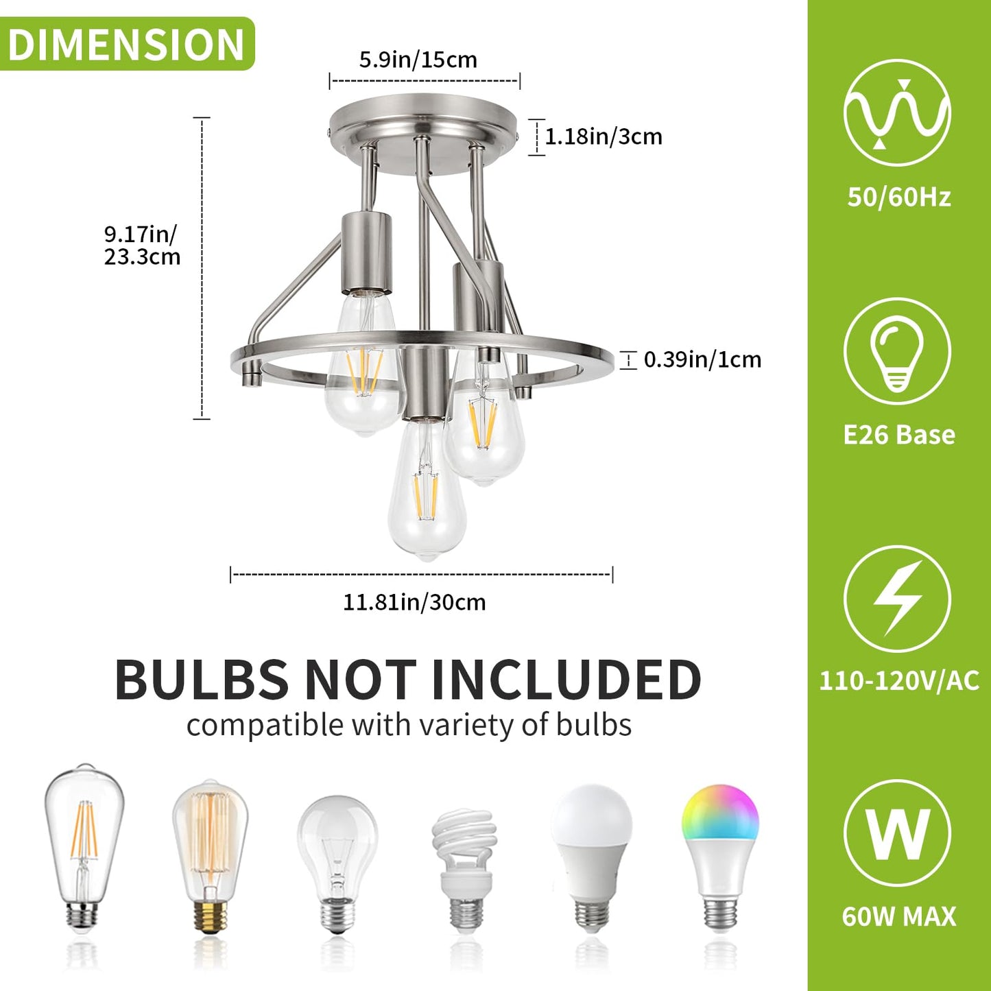 WILON Brushed Nickel Semi Flush Mount Ceiling Light - 3-Light Ceiling Light Fixtures Farmhouse Kitchen Light Industrial Hallway Light Fixtures E26 Socket Ceiling Lamp for Hallway Kitchen Foyer