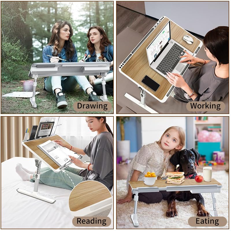 Woodgrain Foldable Laptop Desk Wide Area XX-Large 27.6X17.7In, 8 Heights& Angles Adjustable Bed Table, Study Tray Laptop Stand for Bed, Couch Sofa with 2 Stoppers